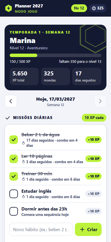 Tela Hoje do App Planner 2027 Modo Jogo (simulação com dados de exemplo)